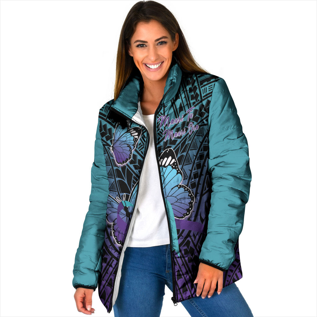 Personalised New Zealand Suicide Prevention Month Padded Jacket Maori Mauri Tu Mauri Ora Polynesian Pattern LT22 Women Teal - Polynesian Pride