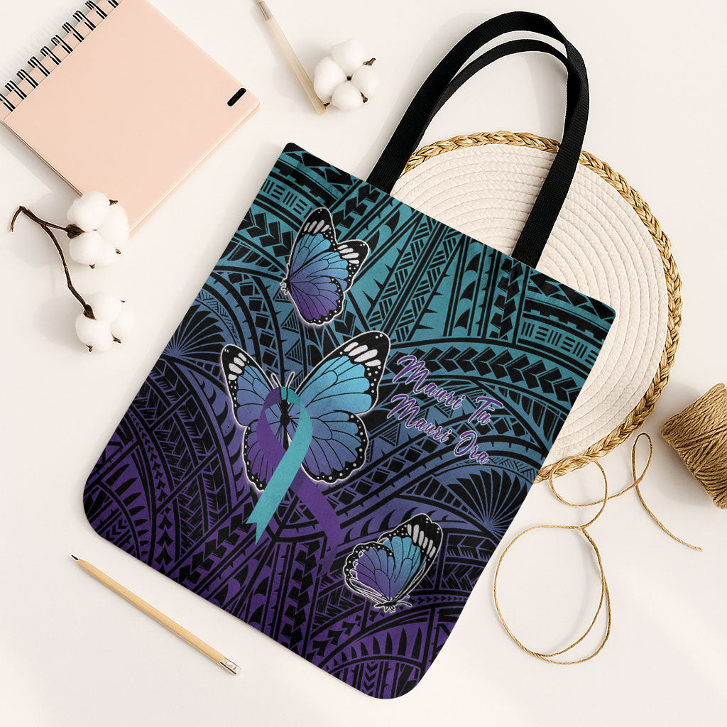 New Zealand Suicide Prevention Month Tote Bag Maori Mauri Tu Mauri Ora Polynesian Pattern