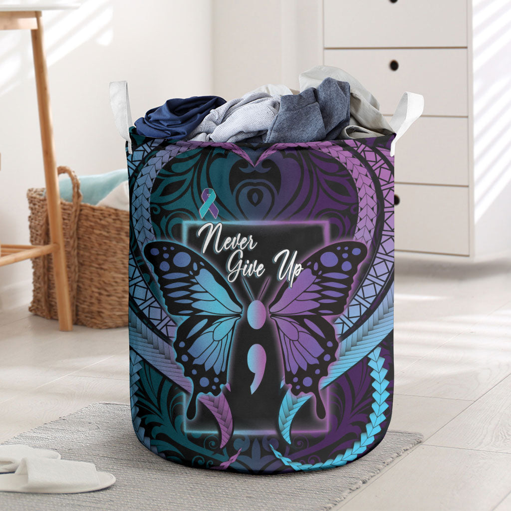 Polynesia Suicide Prevention Month Laundry Basket Semicolon Butterfly Never Give Up Polynesian Pattern