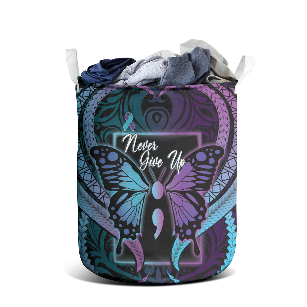 Polynesia Suicide Prevention Month Laundry Basket Semicolon Butterfly Never Give Up Polynesian Pattern LT22 - Polynesian Pride