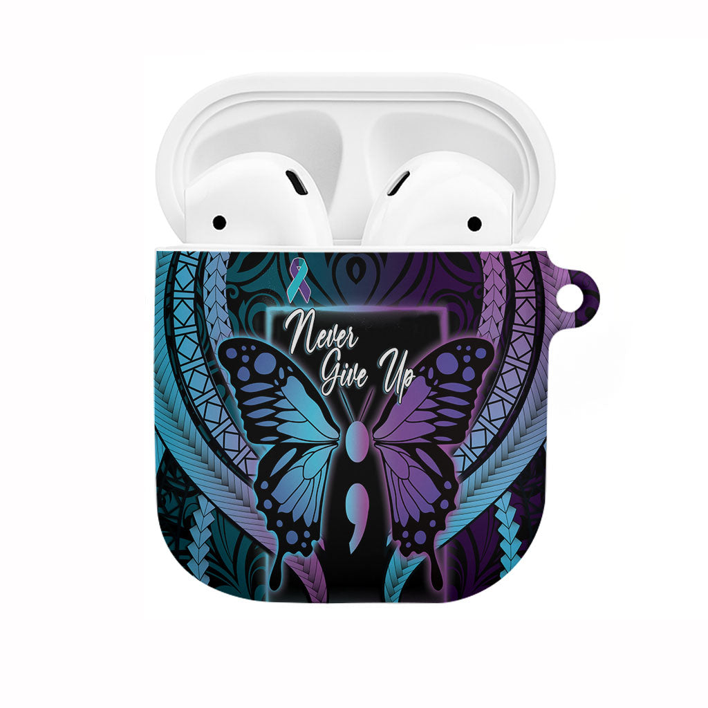 Polynesia Suicide Prevention Month AirPods Case Semicolon Butterfly Never Give Up Polynesian Pattern