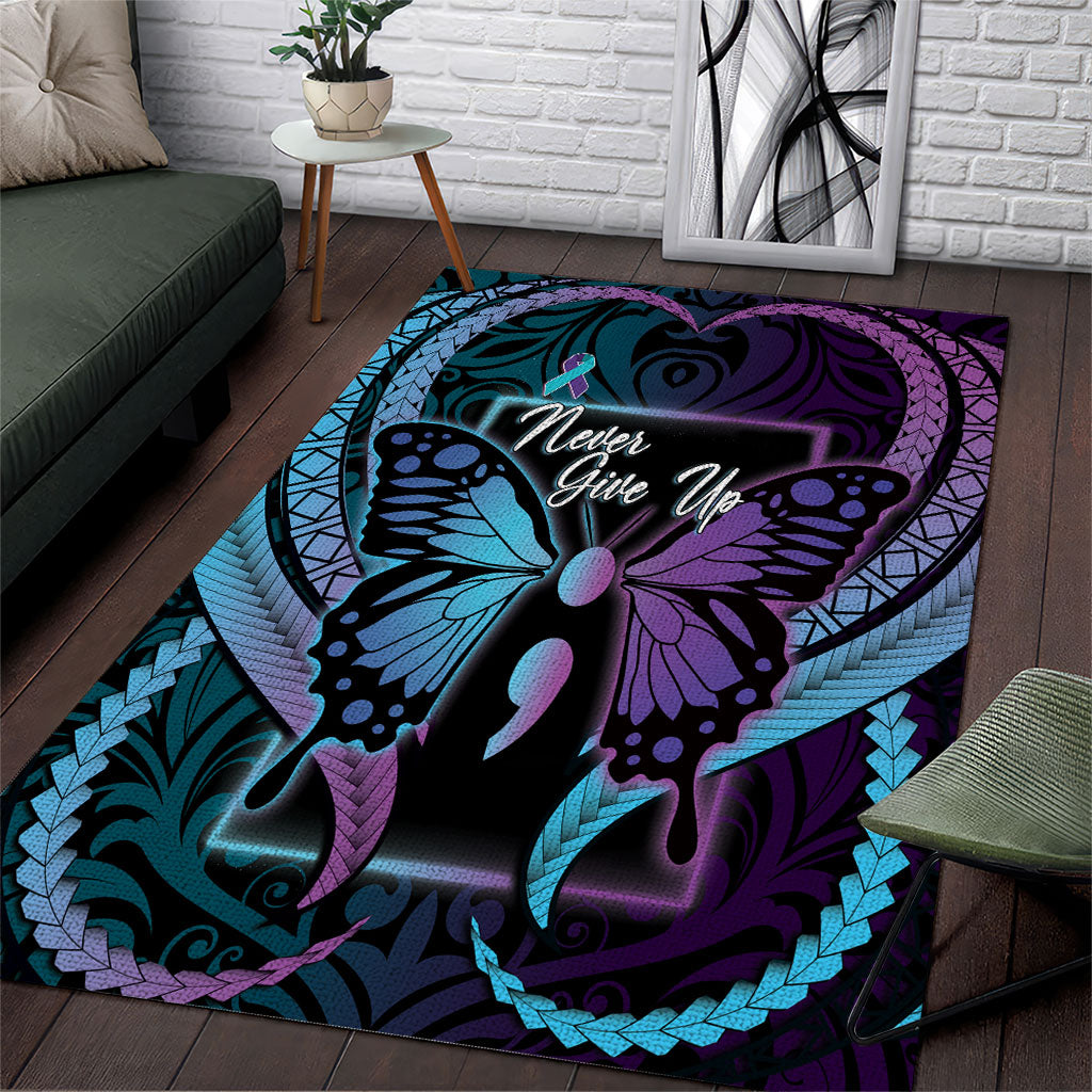 Polynesia Suicide Prevention Month Area Rug Semicolon Butterfly Never Give Up Polynesian Pattern