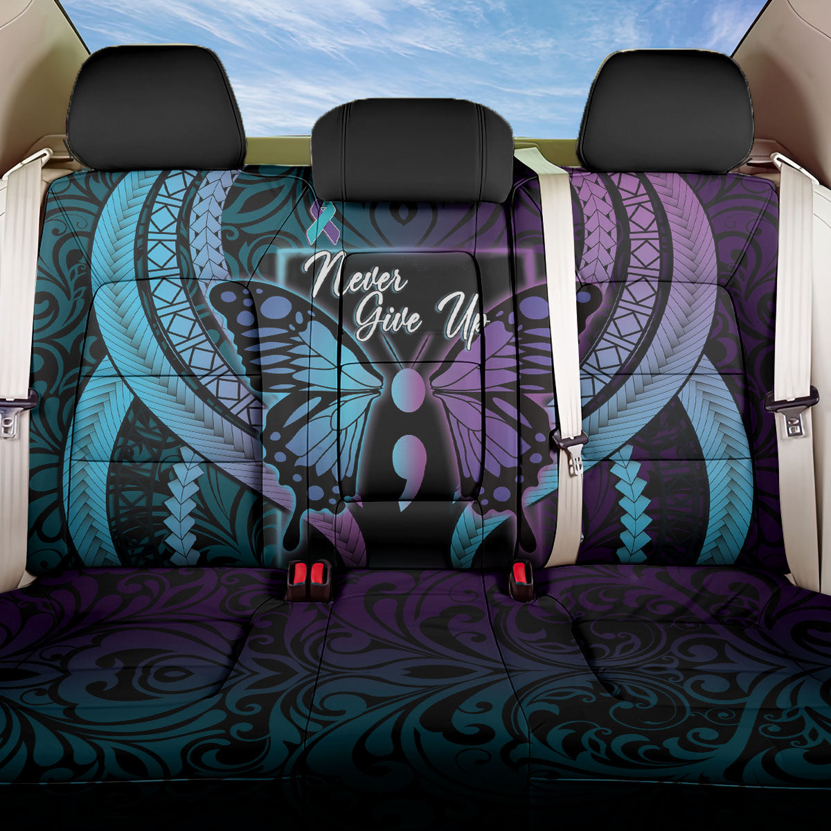 Polynesia Suicide Prevention Month Back Car Seat Cover Semicolon Butterfly Never Give Up Polynesian Pattern