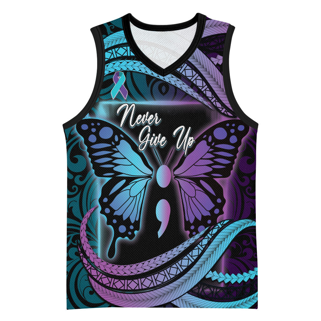 Personalised Polynesia Suicide Prevention Month Basketball Jersey Semicolon Butterfly Never Give Up Polynesian Pattern LT22 Unisex Teal - Polynesian Pride