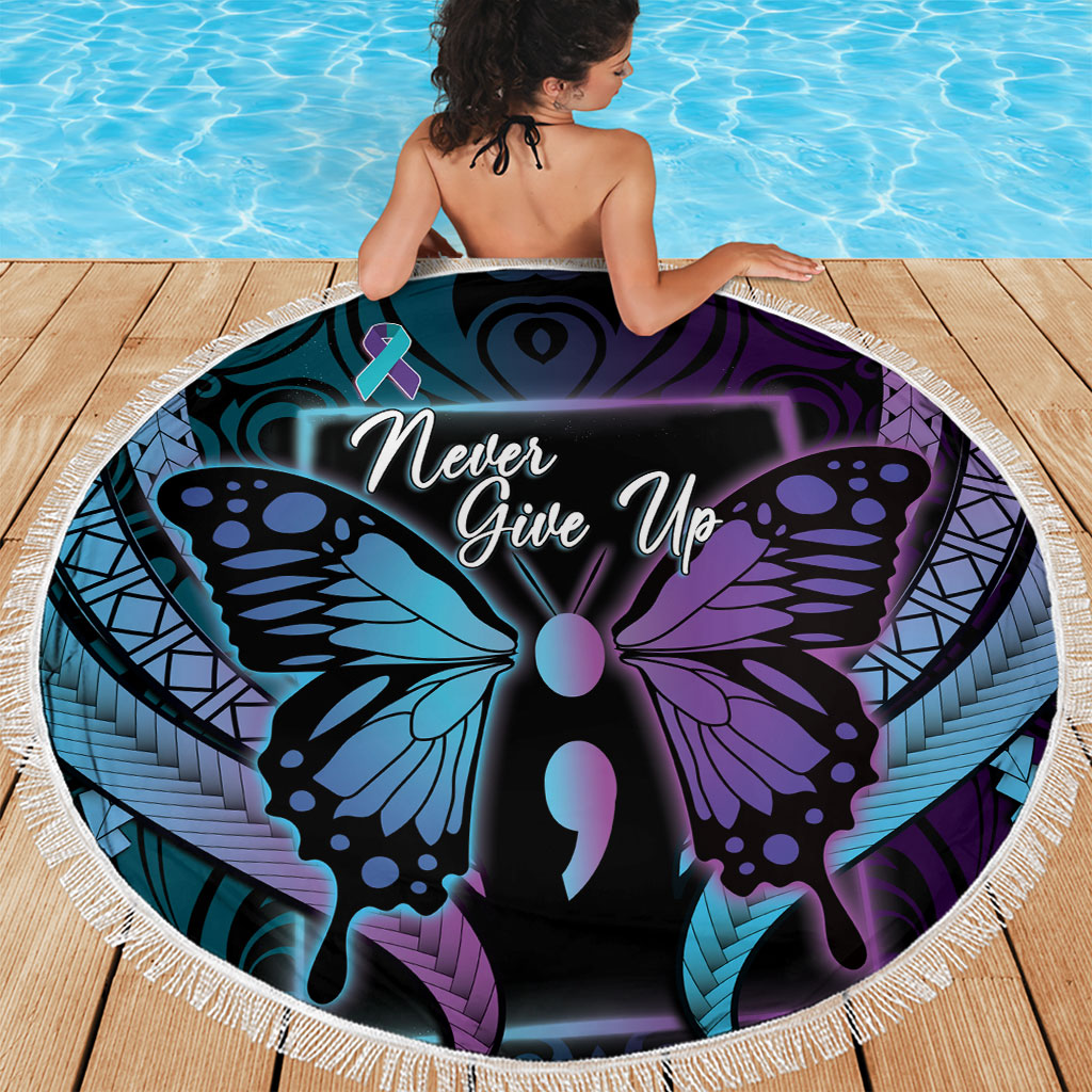 Polynesia Suicide Prevention Month Beach Blanket Semicolon Butterfly Never Give Up Polynesian Pattern LT22 - Polynesian Pride