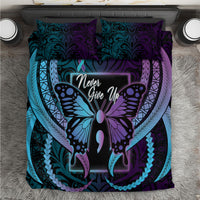 Polynesia Suicide Prevention Month Bedding Set Semicolon Butterfly Never Give Up Polynesian Pattern LT22 Teal - Polynesian Pride