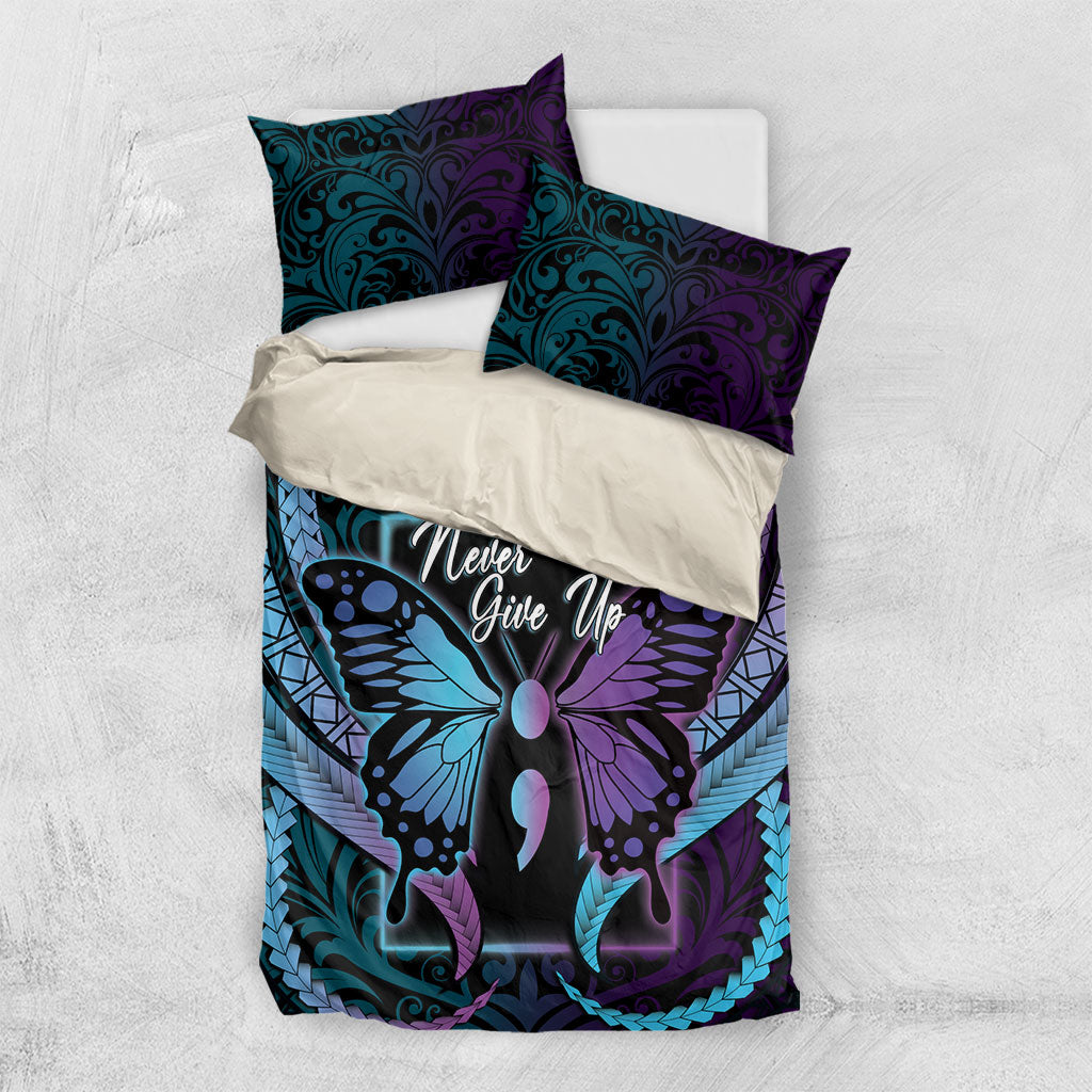 Polynesia Suicide Prevention Month Bedding Set Semicolon Butterfly Never Give Up Polynesian Pattern LT22 US Twin 172cm x 218cm Teal - Polynesian Pride