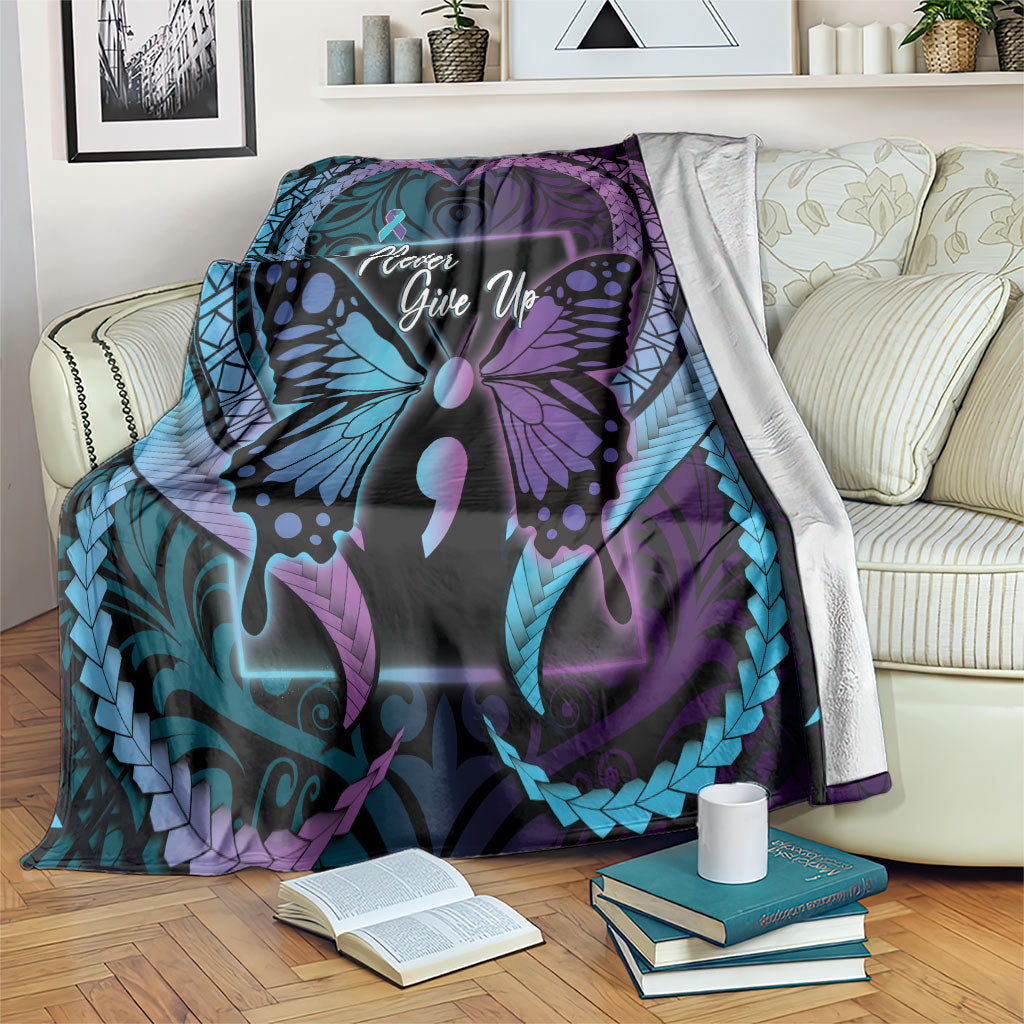 Polynesia Suicide Prevention Month Blanket Semicolon Butterfly Never Give Up Polynesian Pattern
