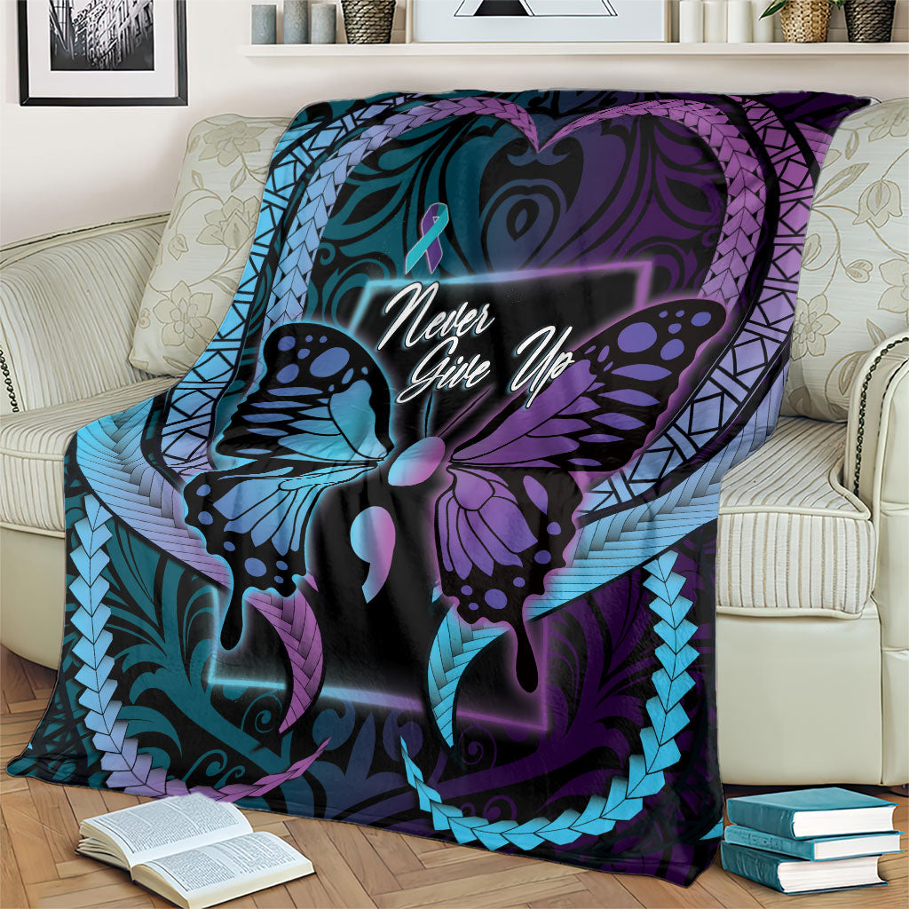 Polynesia Suicide Prevention Month Blanket Semicolon Butterfly Never Give Up Polynesian Pattern LT22 - Polynesian Pride