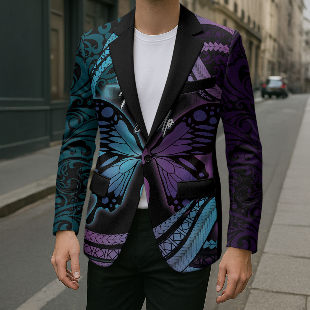 Personalised Polynesia Suicide Prevention Month Blazer Semicolon Butterfly Never Give Up Polynesian Pattern LT22 - Polynesian Pride