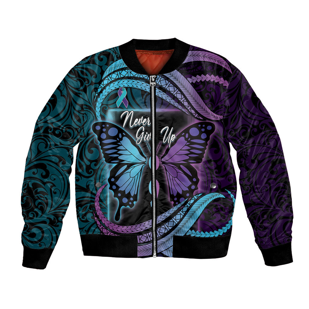 Personalised Polynesia Suicide Prevention Month Bomber Jacket Semicolon Butterfly Never Give Up Polynesian Pattern
