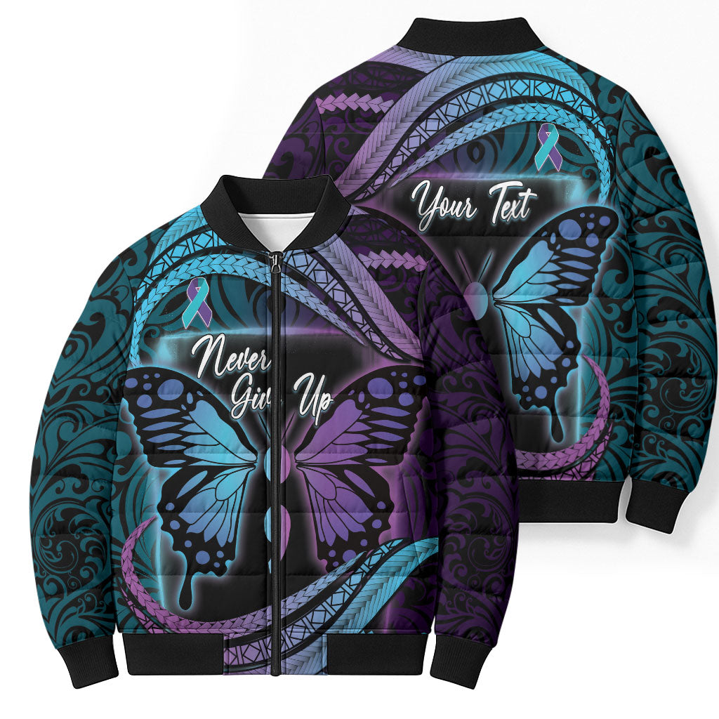 Personalised Polynesia Suicide Prevention Month Bomber Puffer Jacket Semicolon Butterfly Never Give Up Polynesian Pattern LT22 - Polynesian Pride