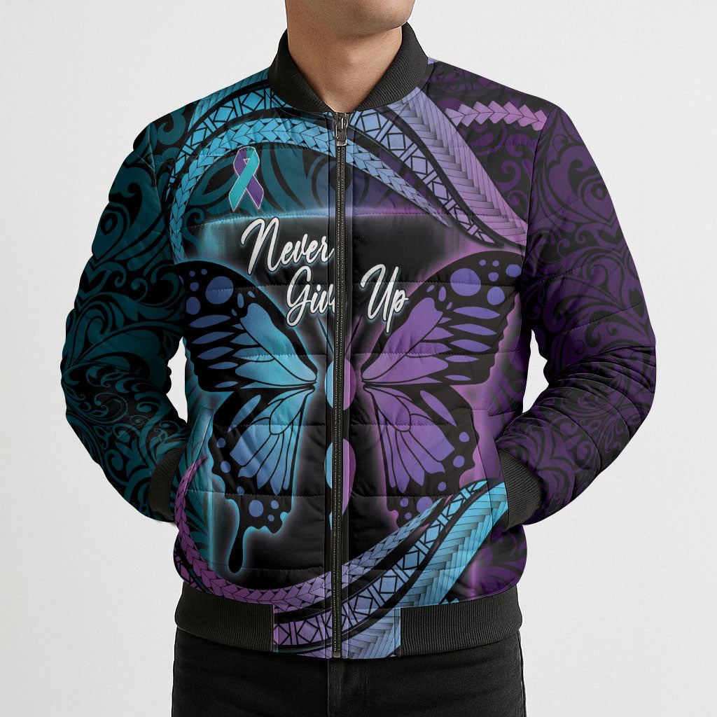 Personalised Polynesia Suicide Prevention Month Bomber Puffer Jacket Semicolon Butterfly Never Give Up Polynesian Pattern LT22 - Polynesian Pride