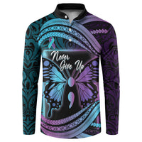 Personalised Polynesia Suicide Prevention Month Button Sweatshirt Semicolon Butterfly Never Give Up Polynesian Pattern LT22 Teal - Polynesian Pride