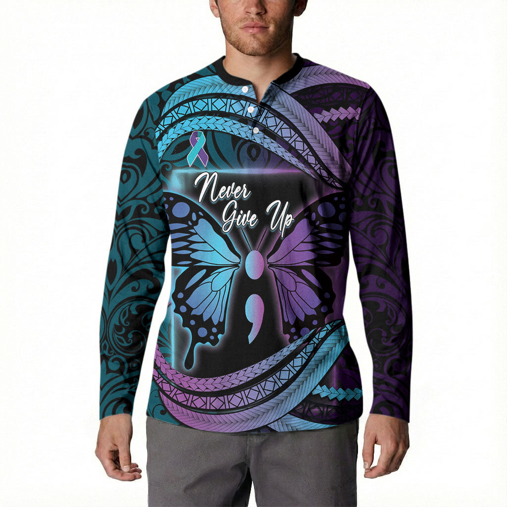 Personalised Polynesia Suicide Prevention Month Button Sweatshirt Semicolon Butterfly Never Give Up Polynesian Pattern LT22 - Polynesian Pride