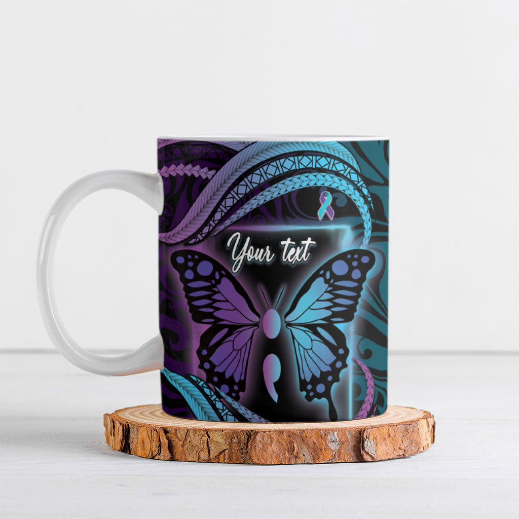 Personalised Polynesia Suicide Prevention Month Ceramic Mug Semicolon Butterfly Never Give Up Polynesian Pattern