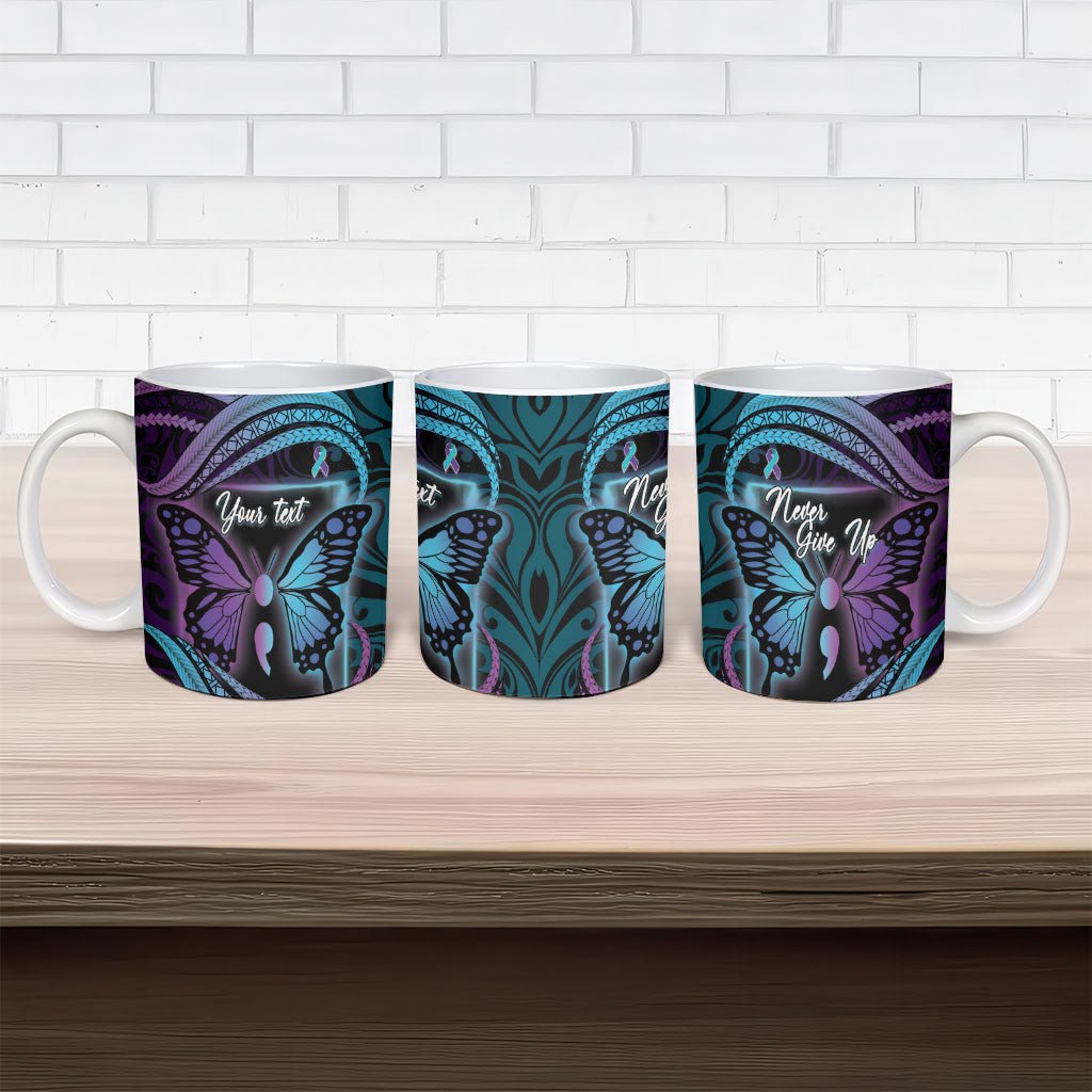 Personalised Polynesia Suicide Prevention Month Ceramic Mug Semicolon Butterfly Never Give Up Polynesian Pattern LT22 - Polynesian Pride