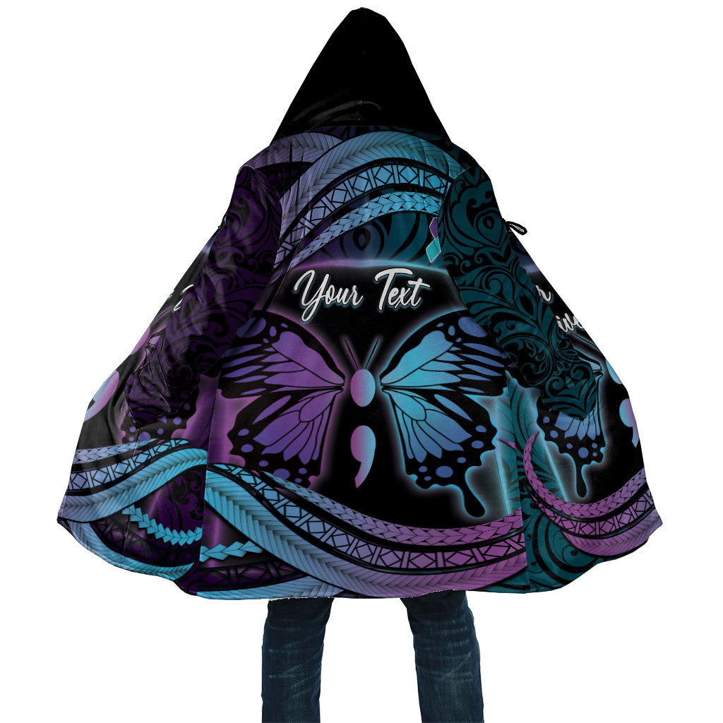 Personalised Polynesia Suicide Prevention Month Cloak Semicolon Butterfly Never Give Up Polynesian Pattern