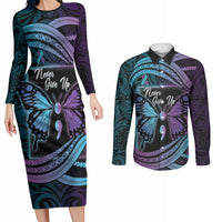 Personalised Polynesia Suicide Prevention Month Couples Matching Long Sleeve Bodycon Dress and Long Sleeve Button Shirt Semicolon Butterfly Never Give Up Polynesian Pattern LT22 Teal - Polynesian Pride