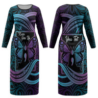 Personalised Polynesia Suicide Prevention Month Couples Matching Long Sleeve Bodycon Dress and Long Sleeve Button Shirt Semicolon Butterfly Never Give Up Polynesian Pattern LT22 - Polynesian Pride