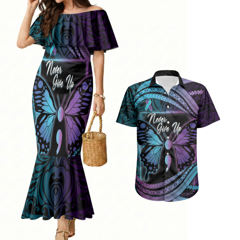 Personalised Polynesia Suicide Prevention Month Couples Matching Mermaid Dress and Hawaiian Shirt Semicolon Butterfly Never Give Up Polynesian Pattern