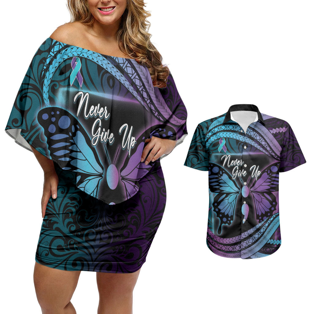 Personalised Polynesia Suicide Prevention Month Couples Matching Off Shoulder Short Dress and Hawaiian Shirt Semicolon Butterfly Never Give Up Polynesian Pattern LT22 Teal - Polynesian Pride