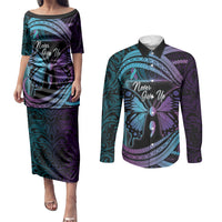 Personalised Polynesia Suicide Prevention Month Couples Matching Puletasi and Long Sleeve Button Shirt Semicolon Butterfly Never Give Up Polynesian Pattern LT22 Teal - Polynesian Pride