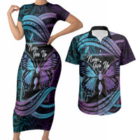 Personalised Polynesia Suicide Prevention Month Couples Matching Short Sleeve Bodycon Dress and Hawaiian Shirt Semicolon Butterfly Never Give Up Polynesian Pattern LT22 Teal - Polynesian Pride