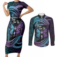 Personalised Polynesia Suicide Prevention Month Couples Matching Short Sleeve Bodycon Dress and Long Sleeve Button Shirt Semicolon Butterfly Never Give Up Polynesian Pattern LT22 Teal - Polynesian Pride