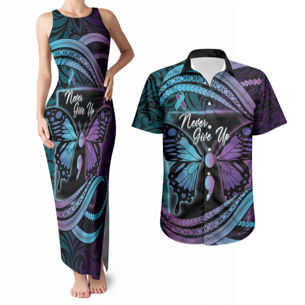Personalised Polynesia Suicide Prevention Month Couples Matching Tank Maxi Dress and Hawaiian Shirt Semicolon Butterfly Never Give Up Polynesian Pattern