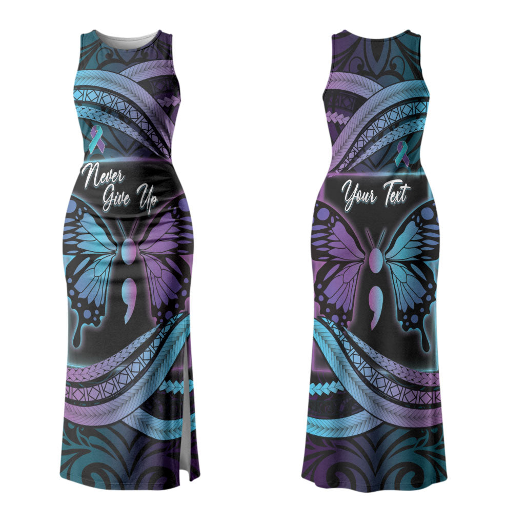 Personalised Polynesia Suicide Prevention Month Couples Matching Tank Maxi Dress and Hawaiian Shirt Semicolon Butterfly Never Give Up Polynesian Pattern LT22 - Polynesian Pride