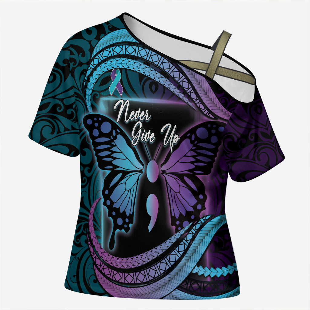 Personalised Polynesia Suicide Prevention Month Cross Shoulder Shirt Semicolon Butterfly Never Give Up Polynesian Pattern