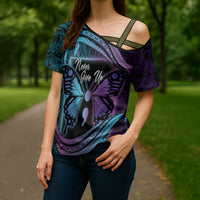 Personalised Polynesia Suicide Prevention Month Cross Shoulder Shirt Semicolon Butterfly Never Give Up Polynesian Pattern LT22 - Polynesian Pride