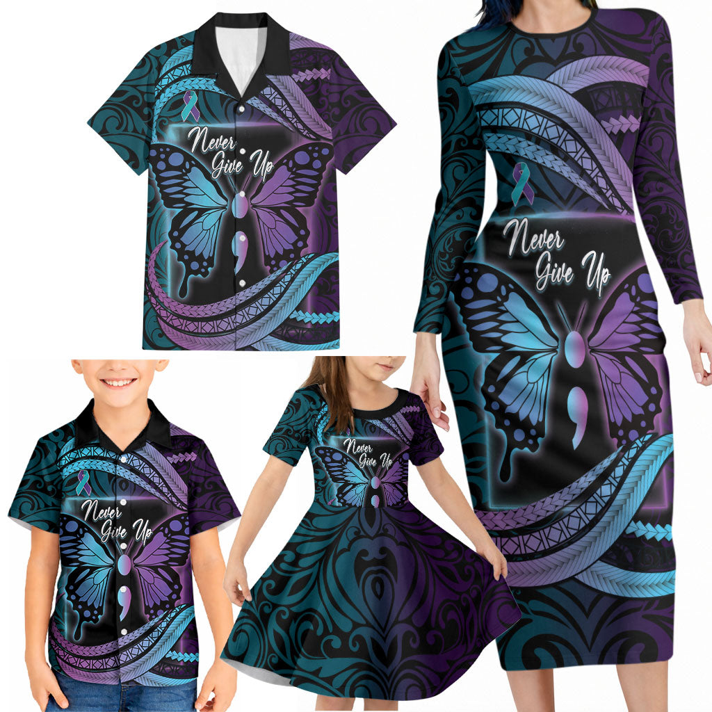 Personalised Polynesia Suicide Prevention Month Family Matching Long Sleeve Bodycon Dress and Hawaiian Shirt Semicolon Butterfly Never Give Up Polynesian Pattern