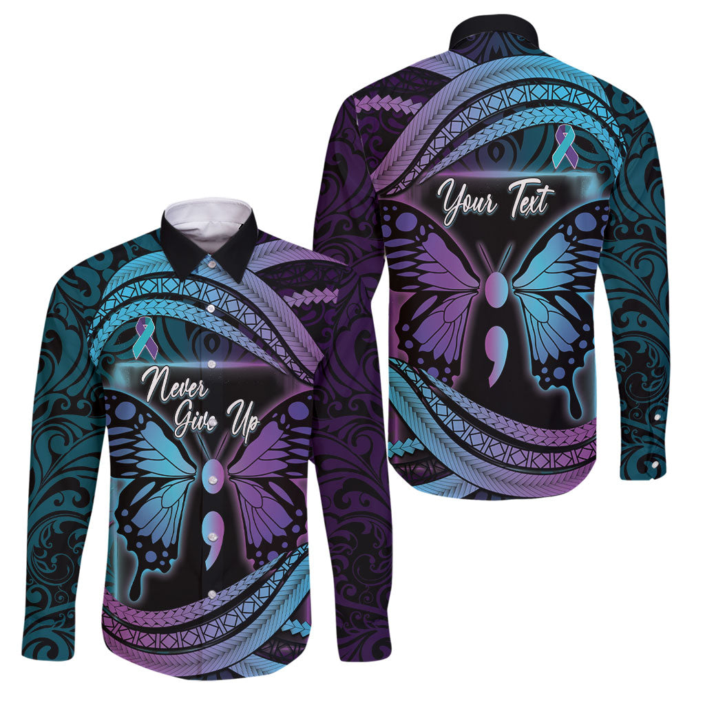 Personalised Polynesia Suicide Prevention Month Family Matching Long Sleeve Bodycon Dress and Hawaiian Shirt Semicolon Butterfly Never Give Up Polynesian Pattern LT22 Dad's Shirt - Long Sleeve Teal - Polynesian Pride
