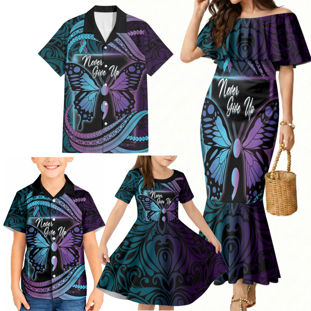Personalised Polynesia Suicide Prevention Month Family Matching Mermaid Dress and Hawaiian Shirt Semicolon Butterfly Never Give Up Polynesian Pattern