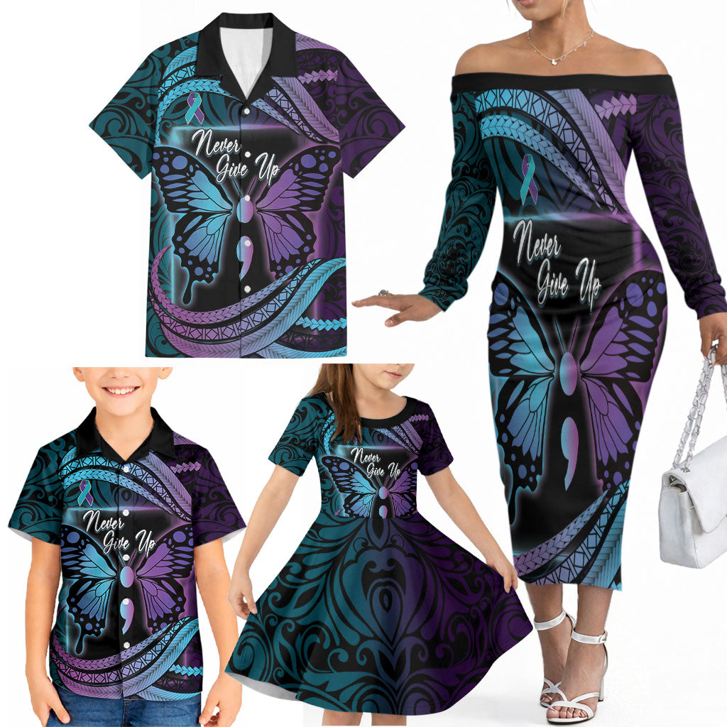 Personalised Polynesia Suicide Prevention Month Family Matching Off The Shoulder Long Sleeve Dress and Hawaiian Shirt Semicolon Butterfly Never Give Up Polynesian Pattern