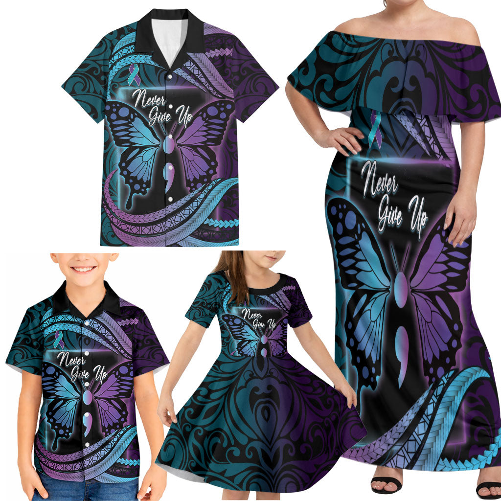 Personalised Polynesia Suicide Prevention Month Family Matching Off Shoulder Maxi Dress and Hawaiian Shirt Semicolon Butterfly Never Give Up Polynesian Pattern