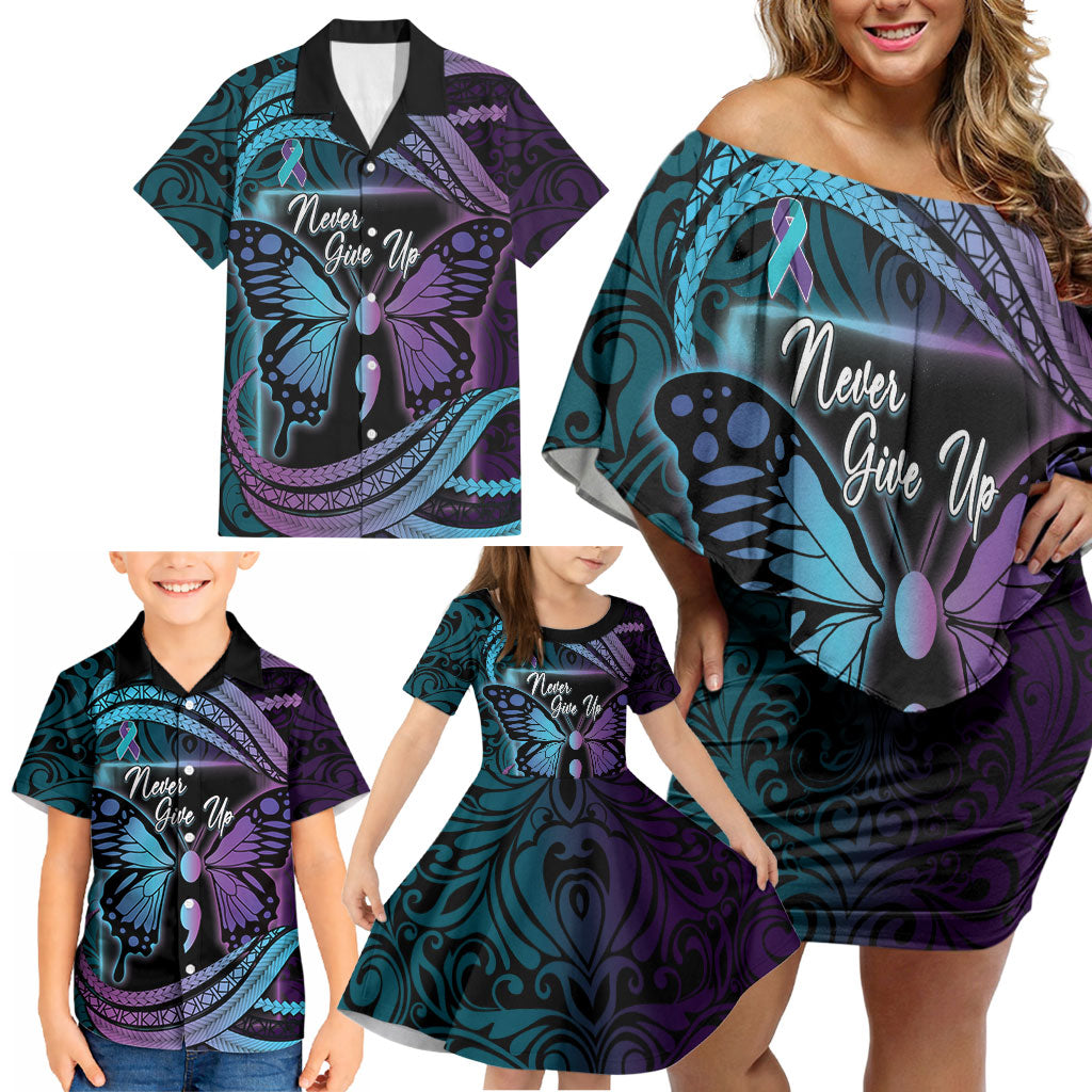 Personalised Polynesia Suicide Prevention Month Family Matching Off Shoulder Short Dress and Hawaiian Shirt Semicolon Butterfly Never Give Up Polynesian Pattern