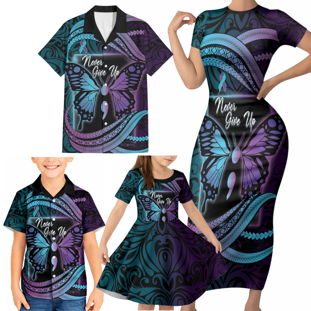 Personalised Polynesia Suicide Prevention Month Family Matching Short Sleeve Bodycon Dress and Hawaiian Shirt Semicolon Butterfly Never Give Up Polynesian Pattern