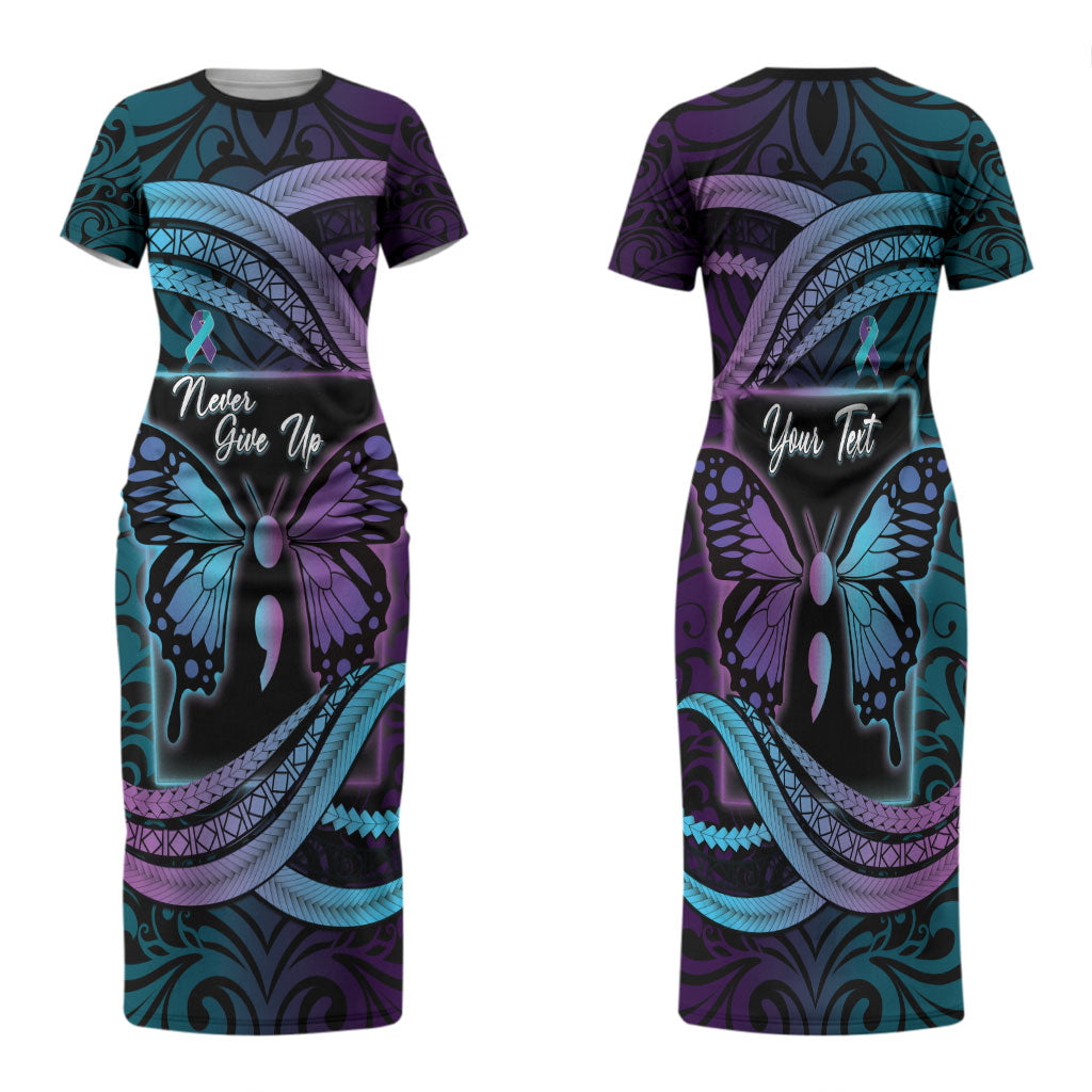 Personalised Polynesia Suicide Prevention Month Family Matching Short Sleeve Bodycon Dress and Hawaiian Shirt Semicolon Butterfly Never Give Up Polynesian Pattern LT22 Mom's Dress Teal - Polynesian Pride