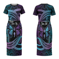 Personalised Polynesia Suicide Prevention Month Family Matching Short Sleeve Bodycon Dress and Hawaiian Shirt Semicolon Butterfly Never Give Up Polynesian Pattern LT22 Mom's Dress Teal - Polynesian Pride