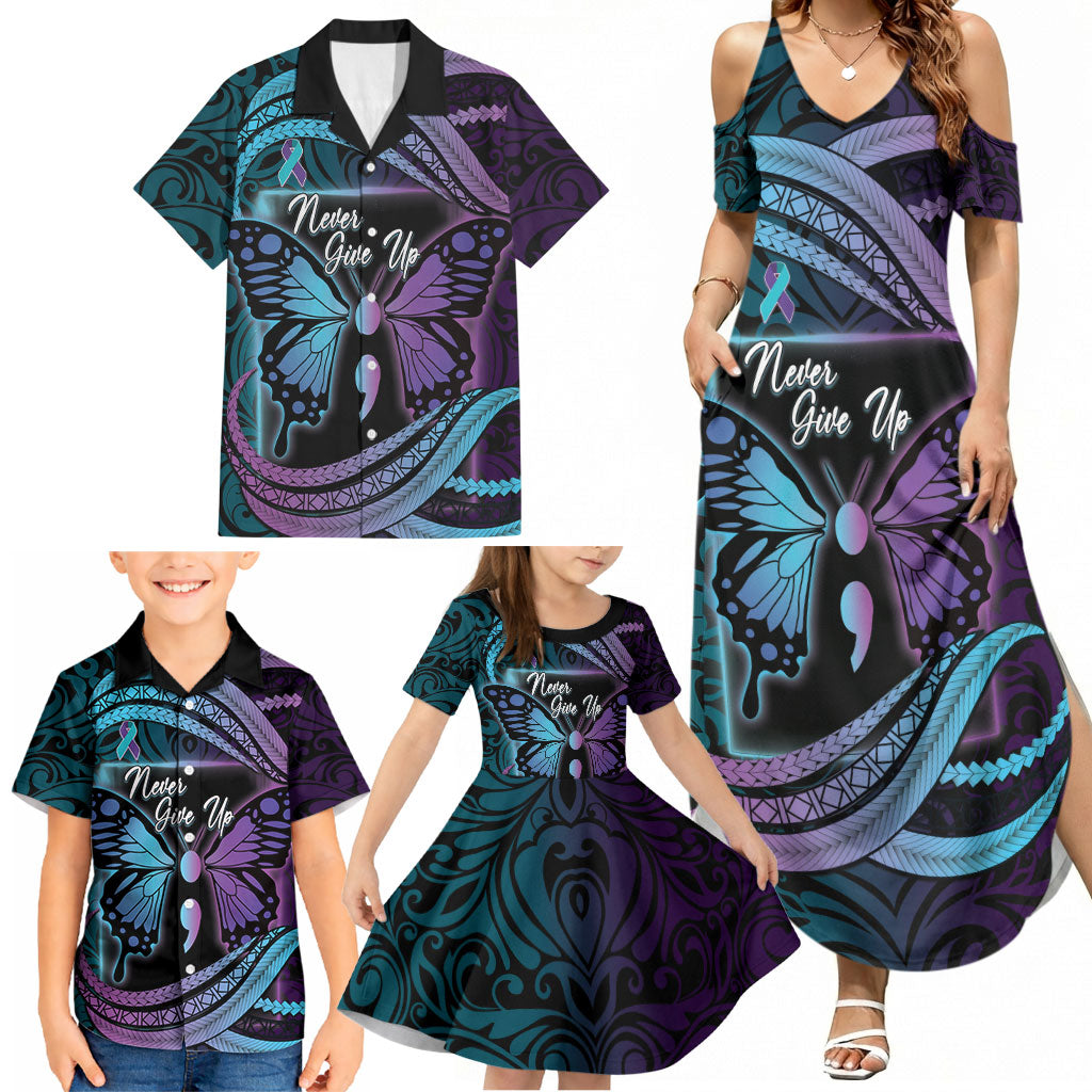 Personalised Polynesia Suicide Prevention Month Family Matching Summer Maxi Dress and Hawaiian Shirt Semicolon Butterfly Never Give Up Polynesian Pattern