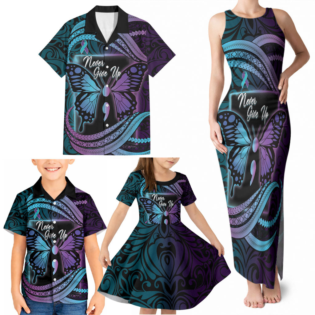 Personalised Polynesia Suicide Prevention Month Family Matching Tank Maxi Dress and Hawaiian Shirt Semicolon Butterfly Never Give Up Polynesian Pattern