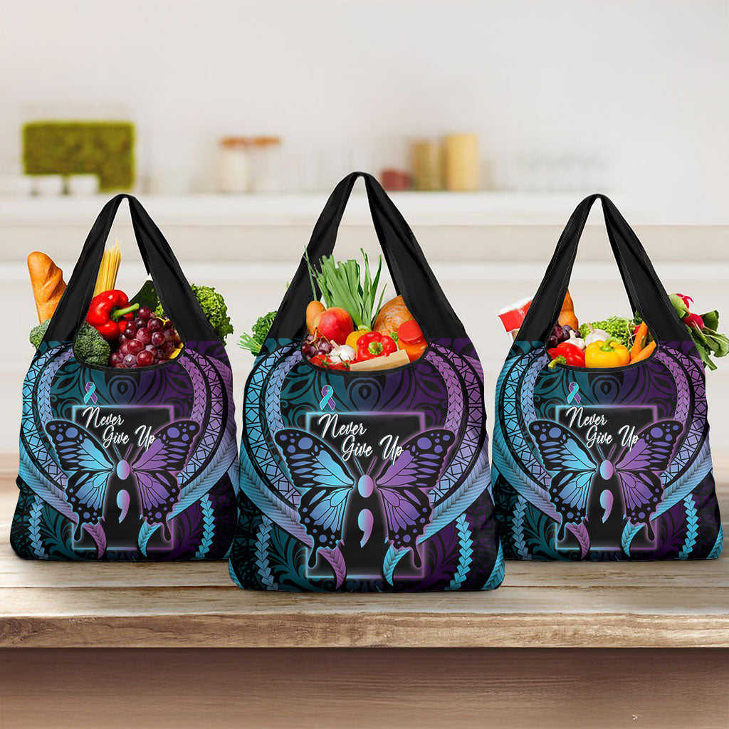 Polynesia Suicide Prevention Month Grocery Bag Semicolon Butterfly Never Give Up Polynesian Pattern LT22 3-pack One Size Teal - Polynesian Pride
