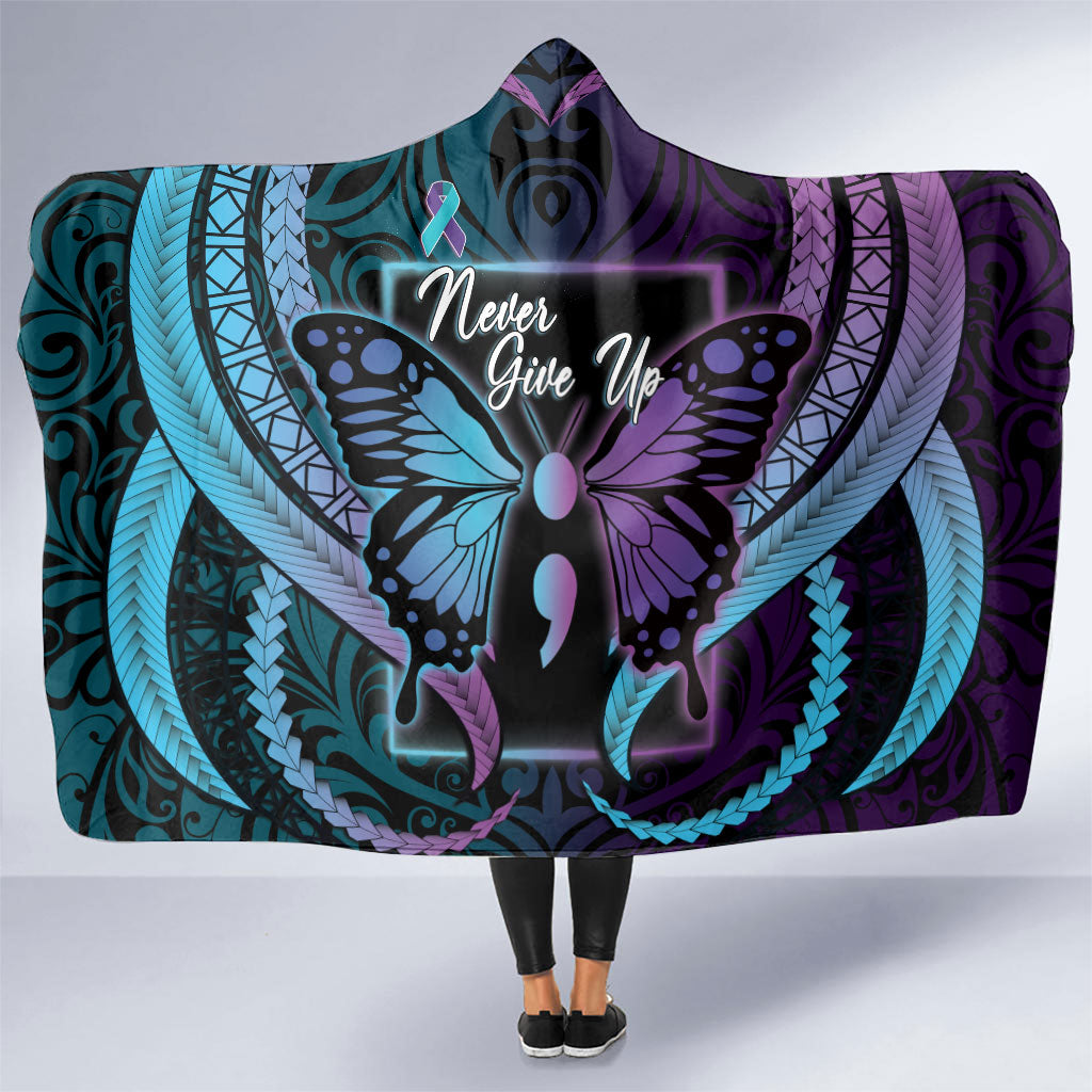 Polynesia Suicide Prevention Month Hooded Blanket Semicolon Butterfly Never Give Up Polynesian Pattern