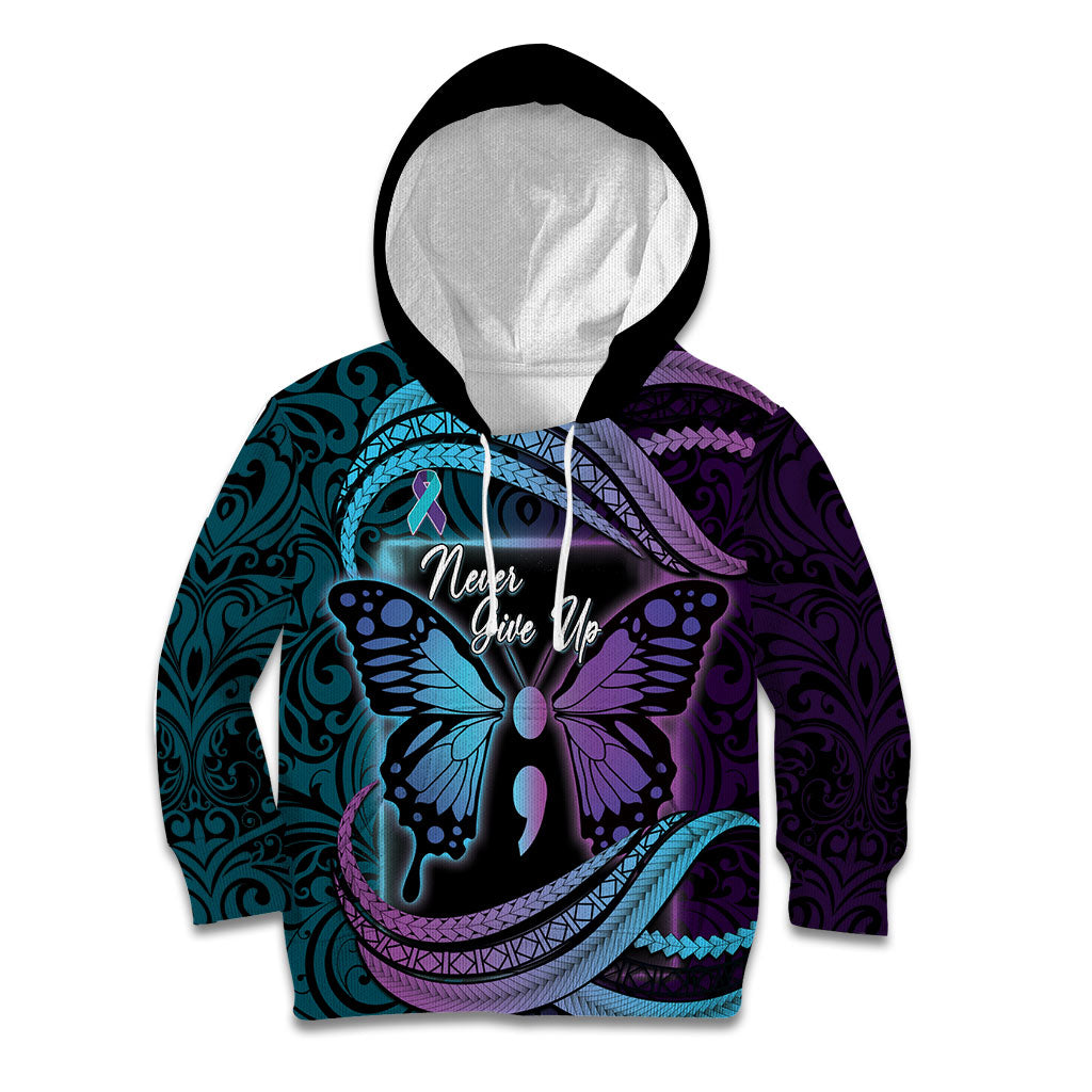 Personalised Polynesia Suicide Prevention Month Kid Hoodie Semicolon Butterfly Never Give Up Polynesian Pattern