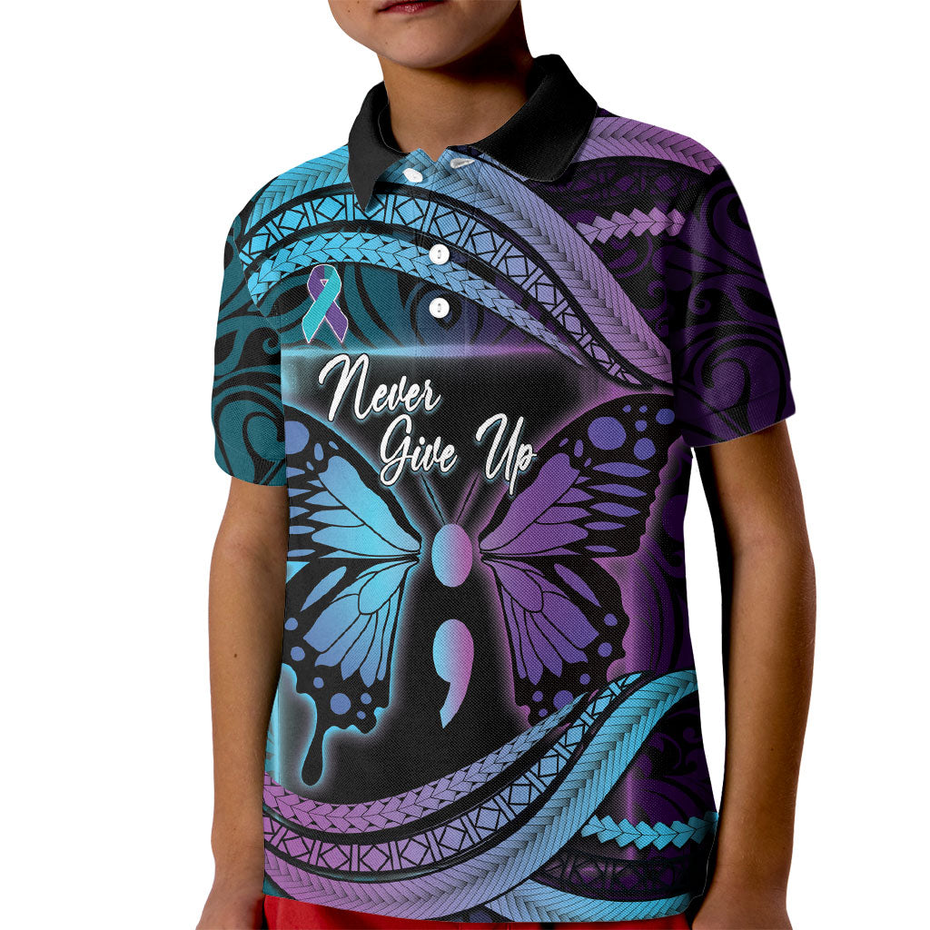 Personalised Polynesia Suicide Prevention Month Kid Polo Shirt Semicolon Butterfly Never Give Up Polynesian Pattern