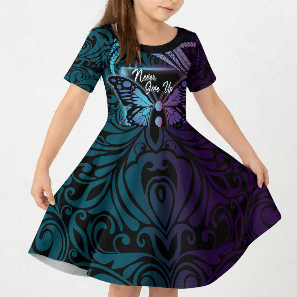 Personalised Polynesia Suicide Prevention Month Kid Short Sleeve Dress Semicolon Butterfly Never Give Up Polynesian Pattern