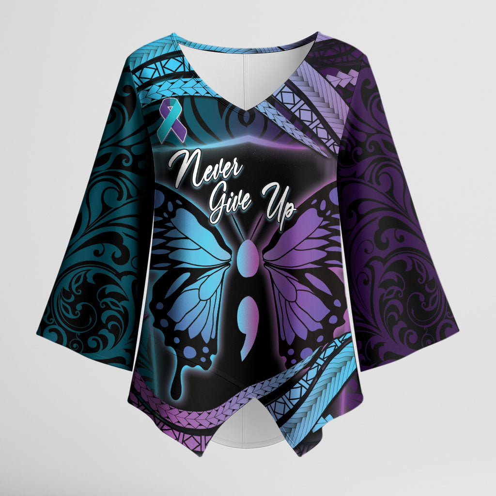 Personalised Polynesia Suicide Prevention Month Kimono Sleeve Blouse Semicolon Butterfly Never Give Up Polynesian Pattern